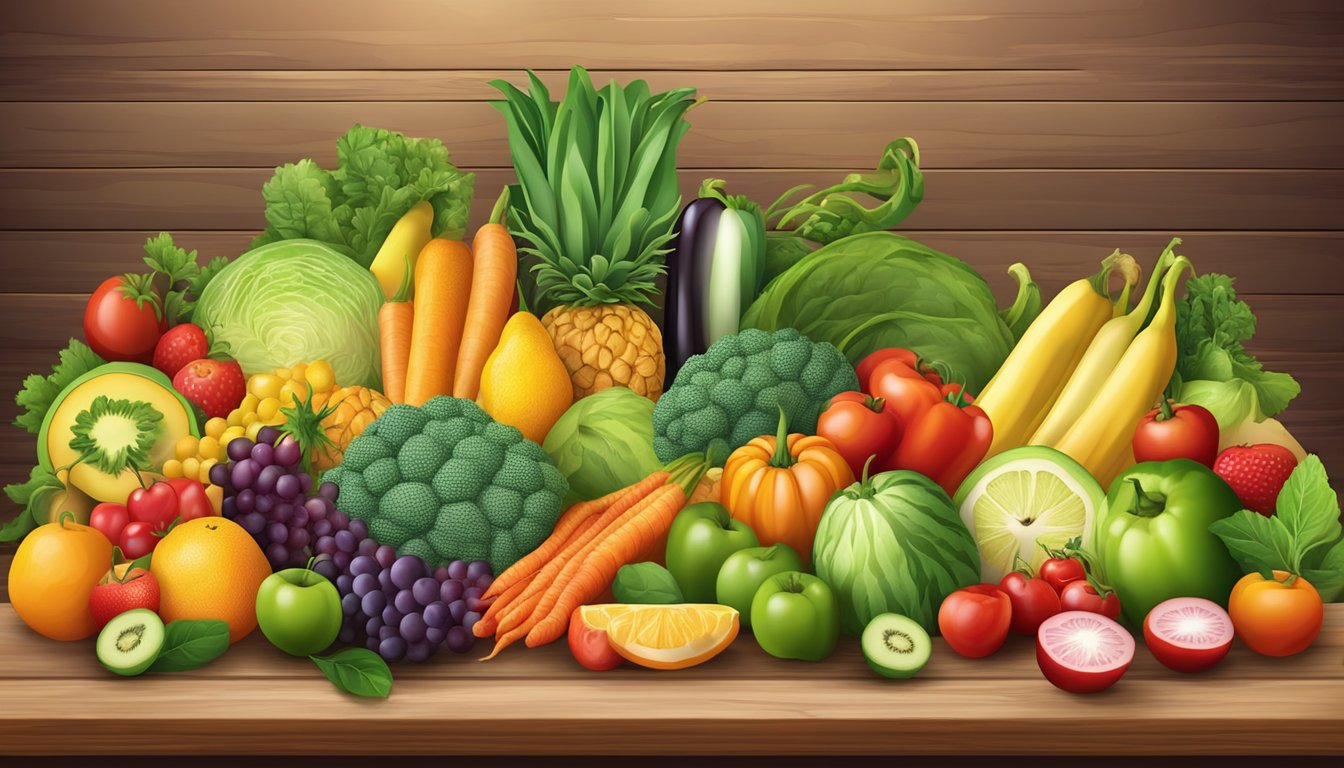 A colorful array of fresh fruits and vegetables arranged on a wooden table, with a variety of healthy menu options displayed in an inviting and appetizing manner