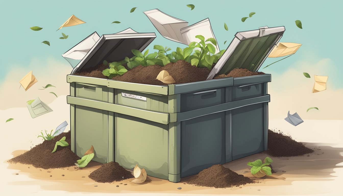 An open compost bin with various envelopes, some with windows, surrounded by a mix of organic waste and soil