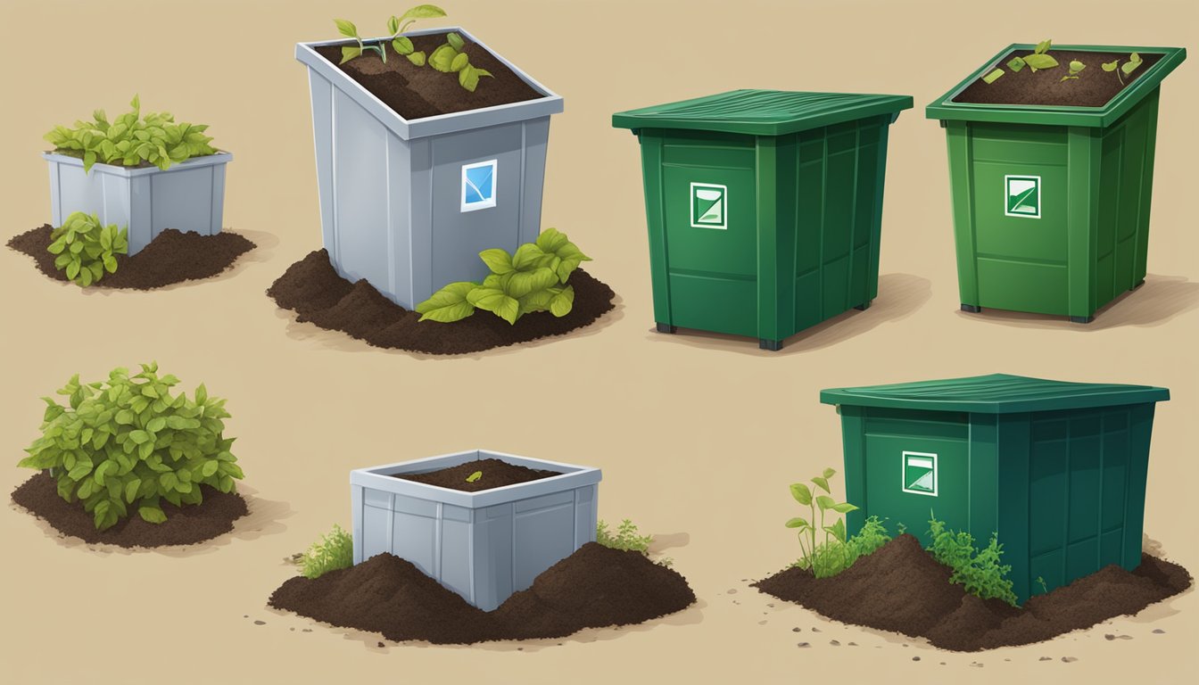 A compost bin with various envelopes, some with windows, surrounded by a mix of organic waste and soil