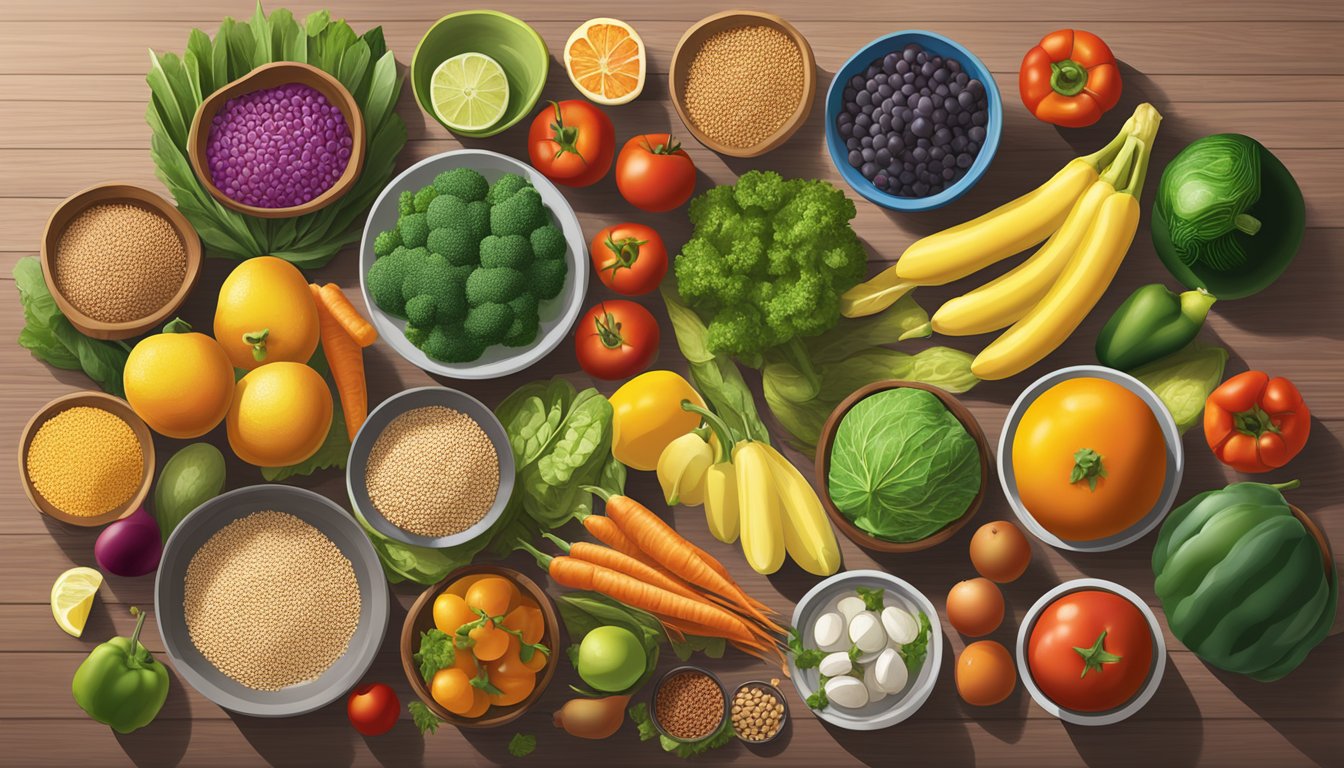 A colorful array of fresh vegetables and fruits, whole grains, and lean proteins displayed on a table at Gloria's Latin Cuisine