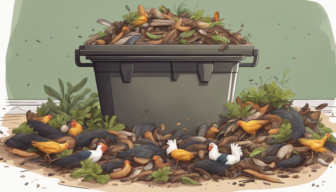 A pile of organic waste, including chicken feathers, decomposing in a compost bin surrounded by earthworms and other microorganisms