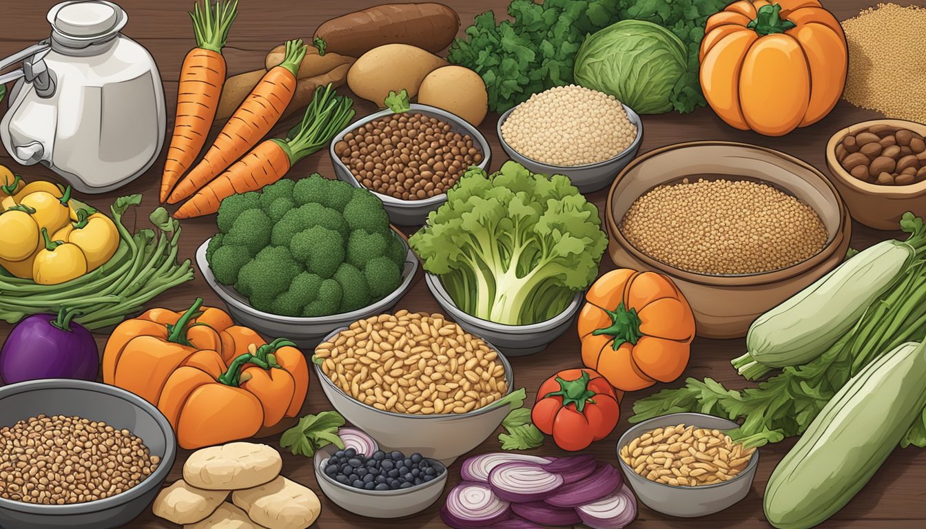 A colorful array of fresh vegetables, whole grains, and lean proteins arranged on a table, with a potbelly logo in the background