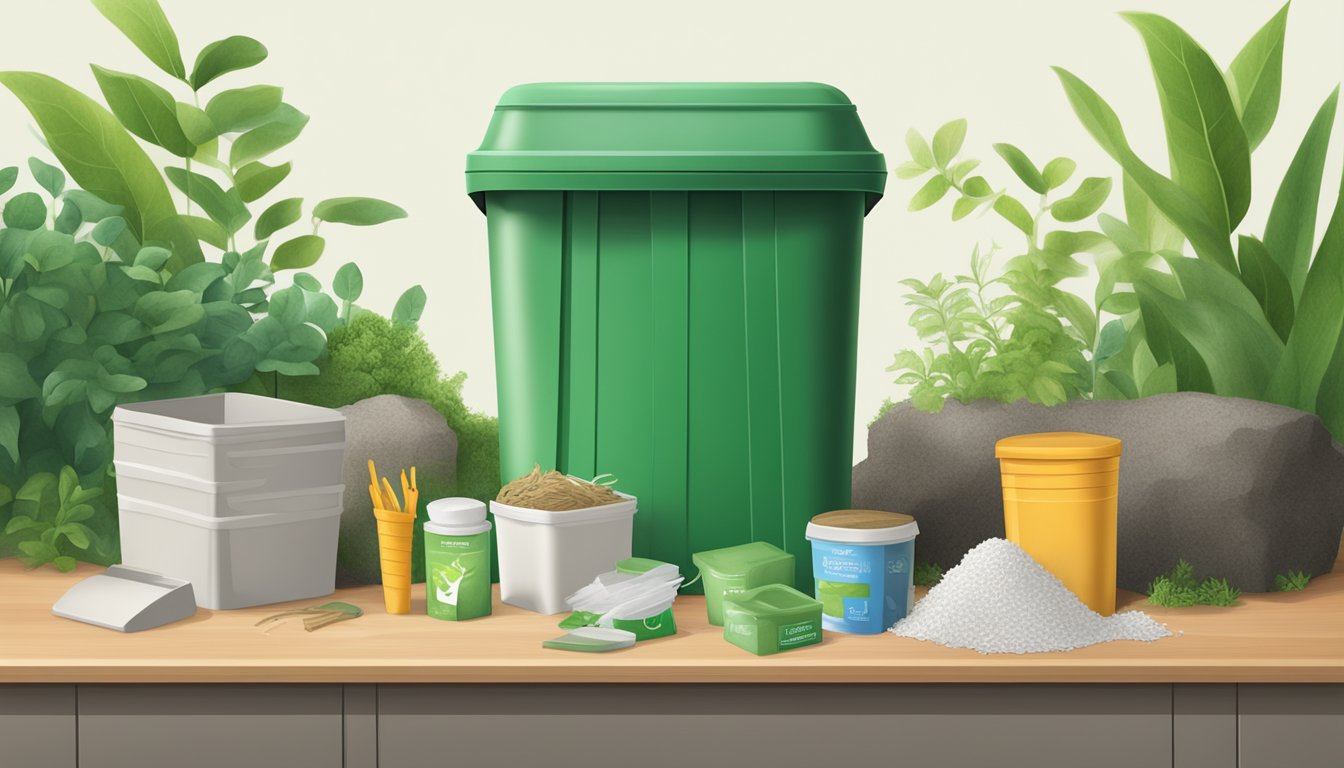 A compost bin with dental floss alongside biodegradable materials