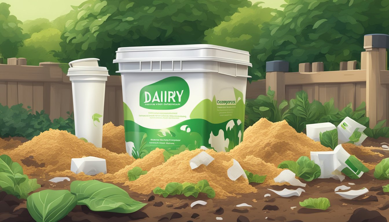 A pile of compostable dairy packaging surrounded by organic waste and a compost bin in a backyard garden