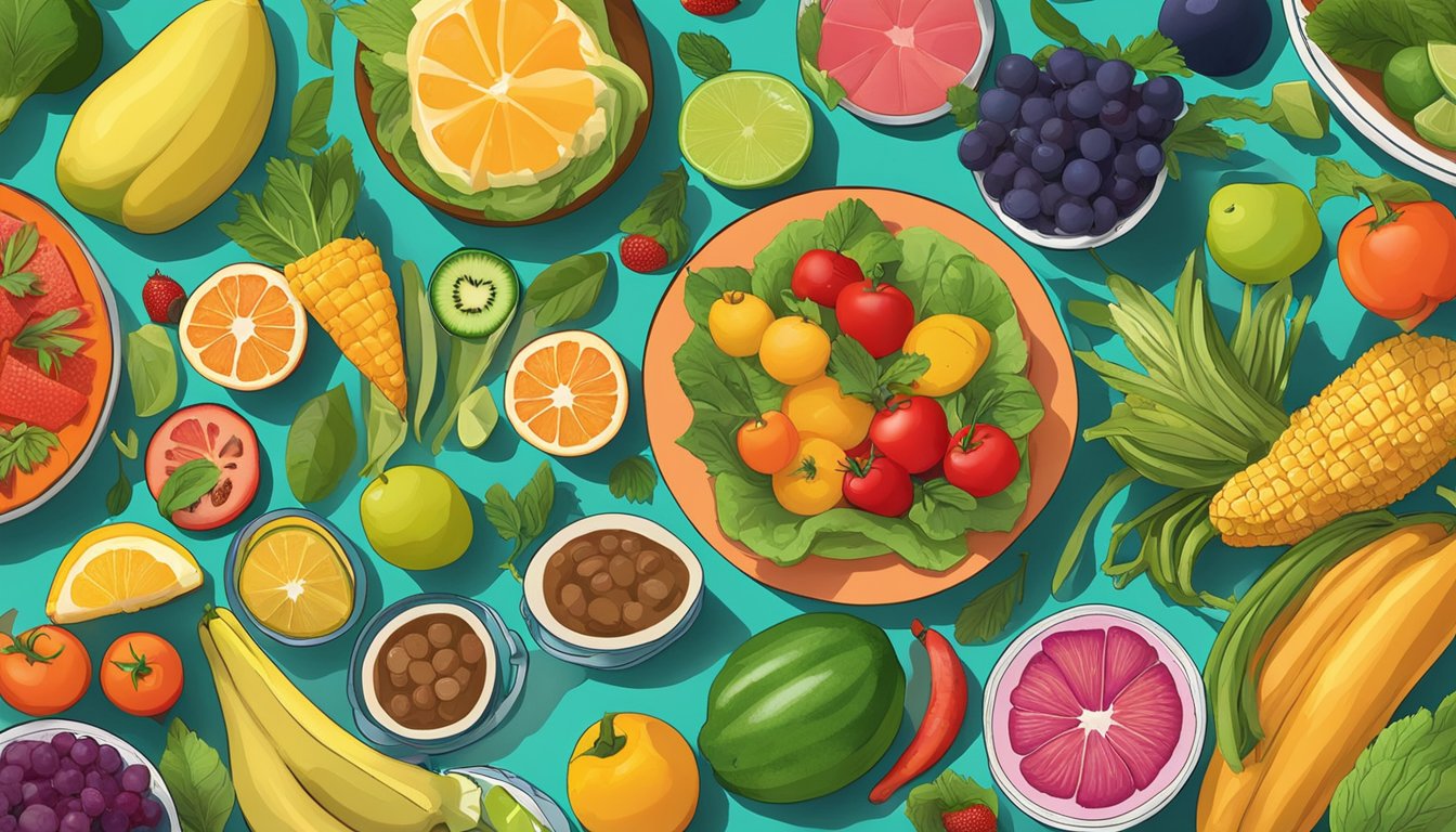 A colorful spread of fresh fruits, vegetables, and lean proteins on a vibrant table at Gloria's Latin Cuisine