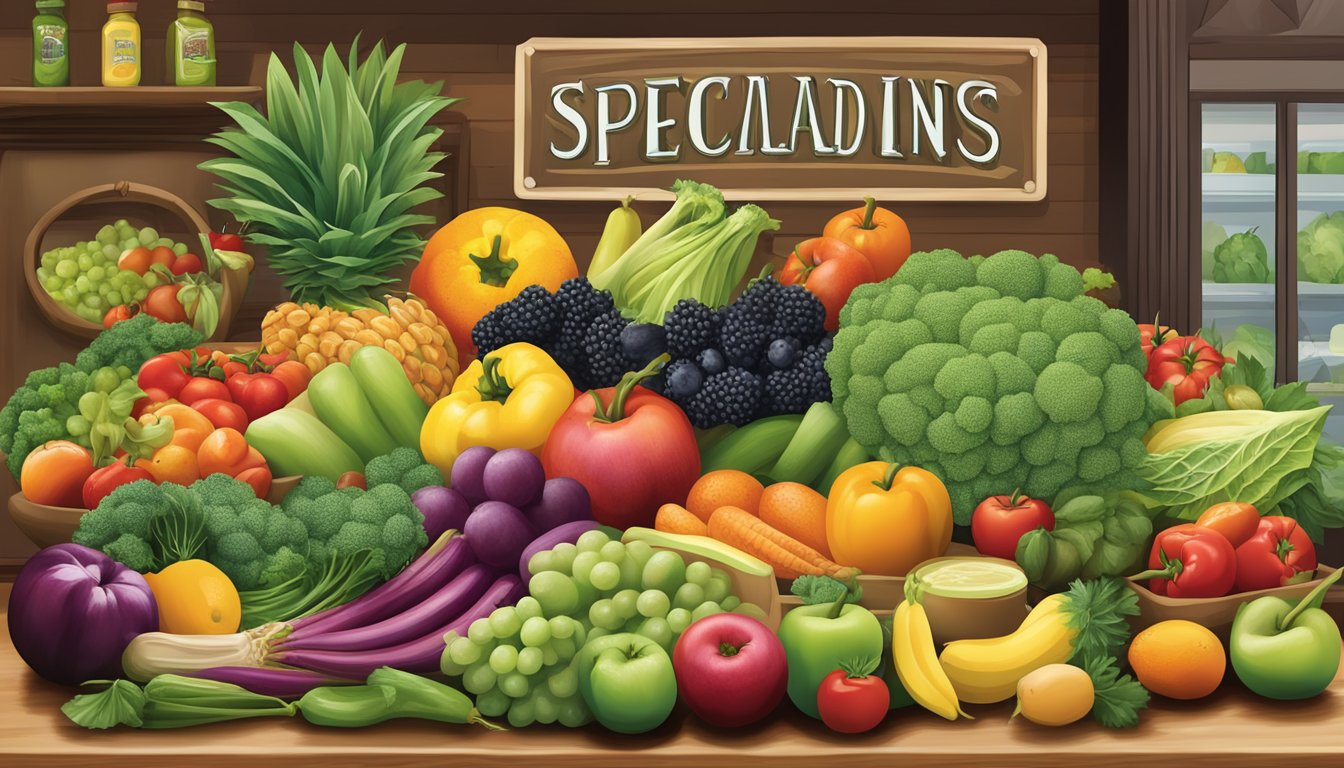 A colorful array of fresh fruits and vegetables arranged around a sign for "Special Dietary Considerations" at a Potbelly restaurant, with a focus on healthy options