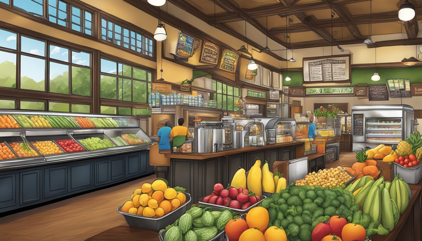 A vibrant display of fresh fruits, vegetables, and low-calorie beverages at a Potbelly restaurant, with a focus on healthy snacking options