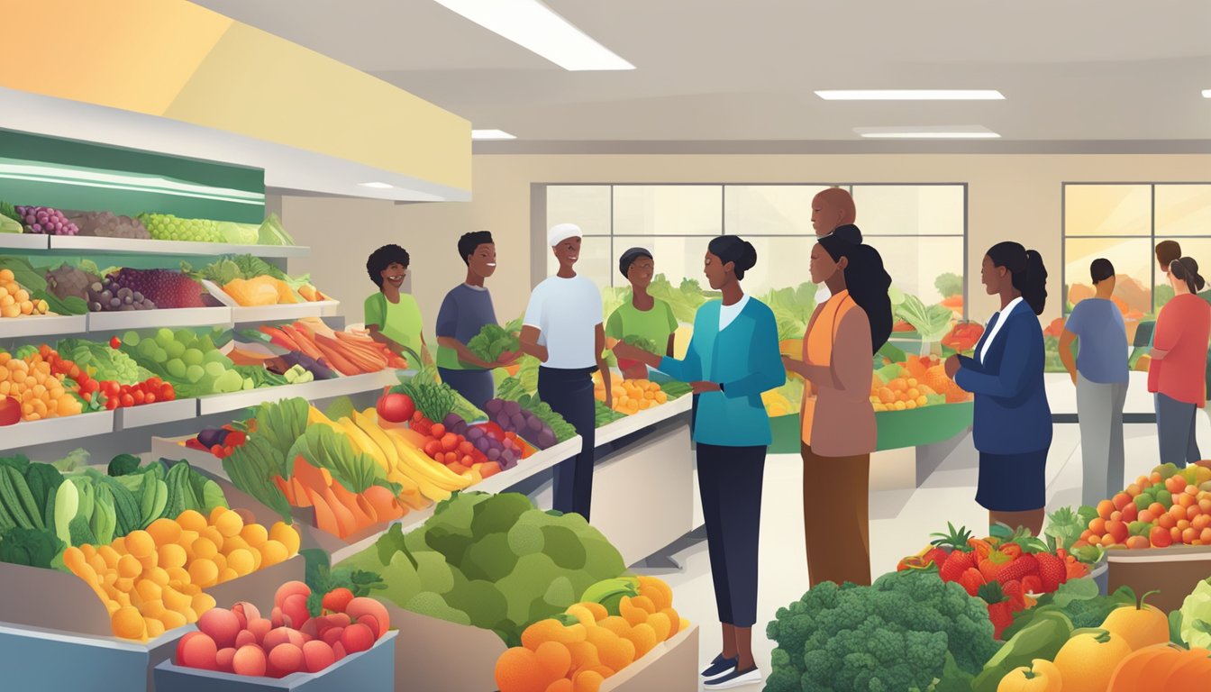 A diverse group of people selecting from a variety of fresh, colorful fruits and vegetables at a government-provided healthy options insurance program