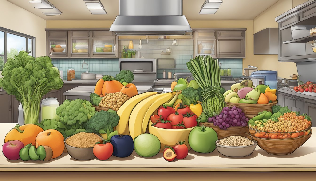 A colorful array of fresh fruits, vegetables, whole grains, and lean proteins arranged on a kitchen counter, with a potbelly healthy options logo in the background