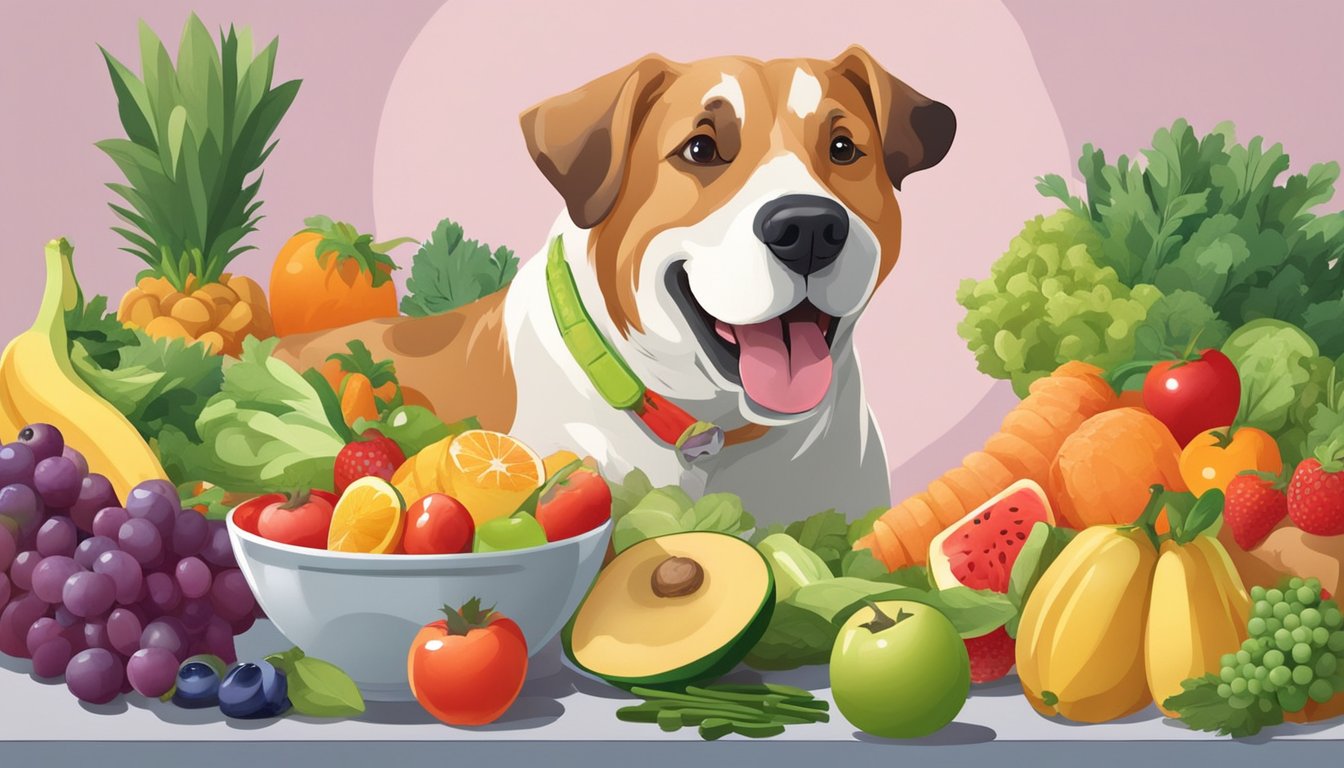 A happy dog eating from a bowl of fresh, nutritious food surrounded by colorful fruits and vegetables