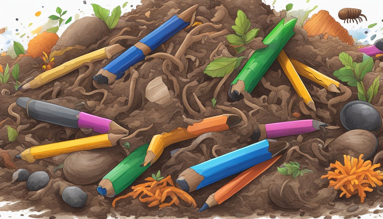 A pile of organic waste with colorful crayons scattered throughout, surrounded by earthworms and decomposing materials