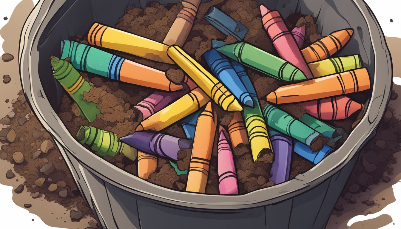 A pile of colorful crayons is surrounded by a mix of organic waste and soil in a composting bin. The crayons are slowly breaking down and blending into the compost