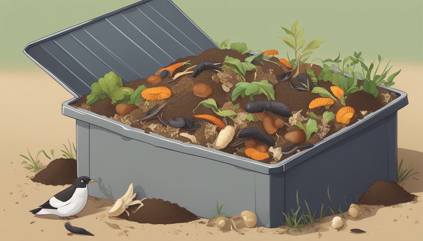 A compost bin filled with kitchen scraps, including a small pile of cooked rice, surrounded by decomposing organic matter and earthworms