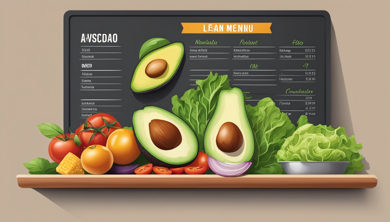 A colorful array of fresh ingredients, including lettuce, tomatoes, avocados, and lean meats, displayed on a clean, modern menu board