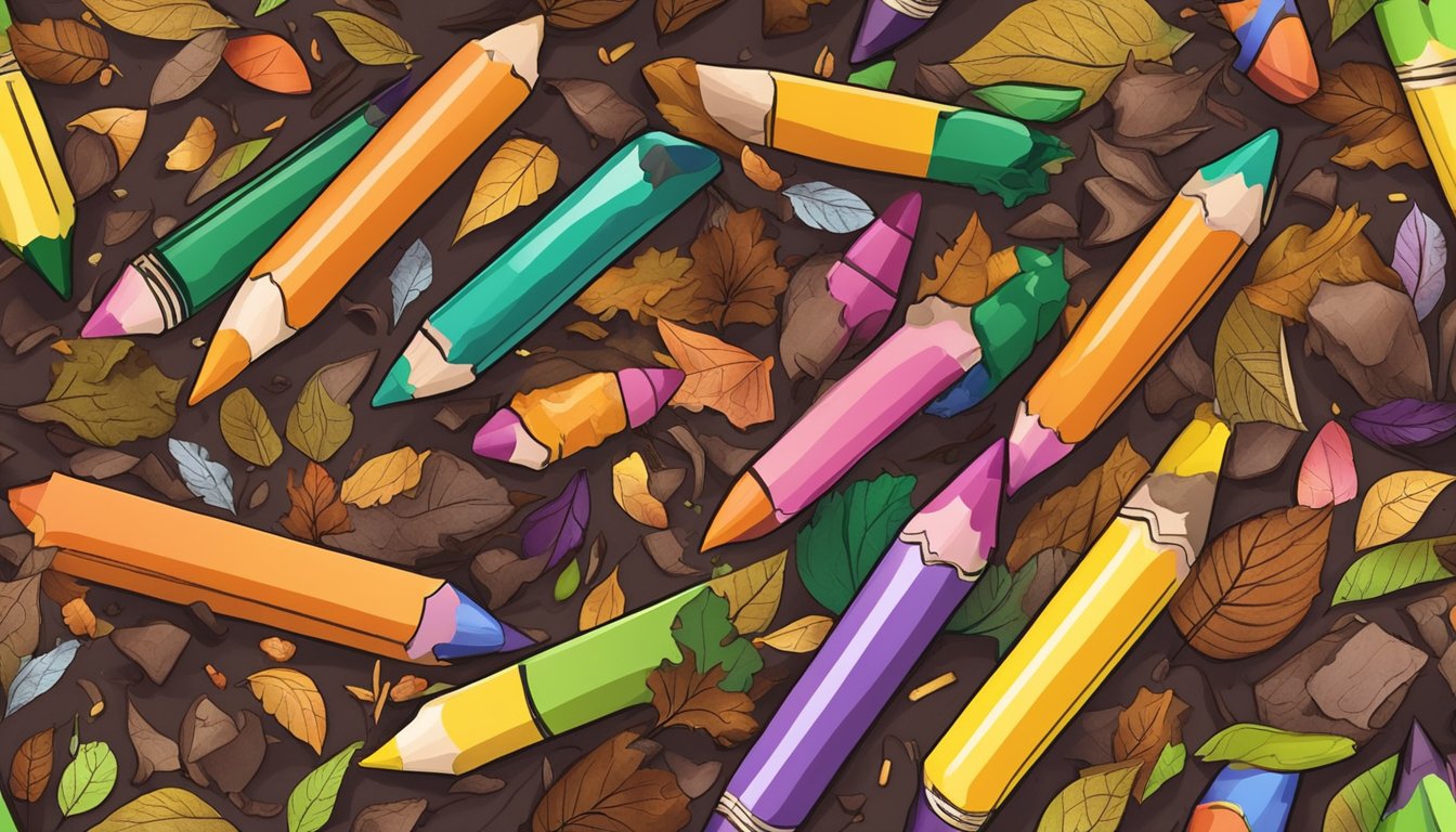 A pile of broken crayons mixed with organic waste in a compost bin, surrounded by decomposing leaves and food scraps