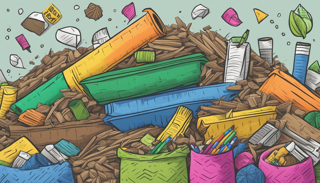 A colorful pile of compostable materials, with a vibrant crayon sitting on top, surrounded by crossed-out symbols to indicate "don't compost."