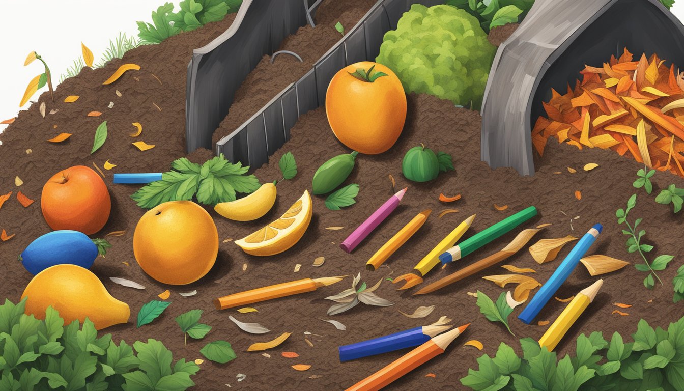 Crayons are being added to a compost pile, alongside other organic materials like fruit peels and grass clippings. The pile is being turned with a pitchfork to aid decomposition