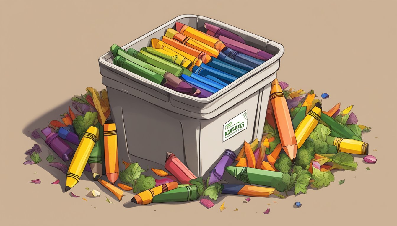 A pile of broken crayons sits next to a compost bin, surrounded by colorful vegetable scraps and biodegradable packaging