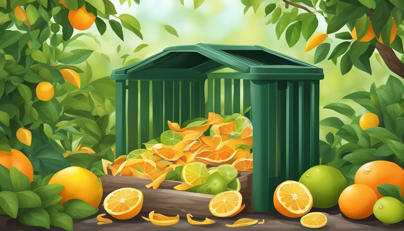 A compost bin filled with citrus peels and other organic scraps, surrounded by a lush garden