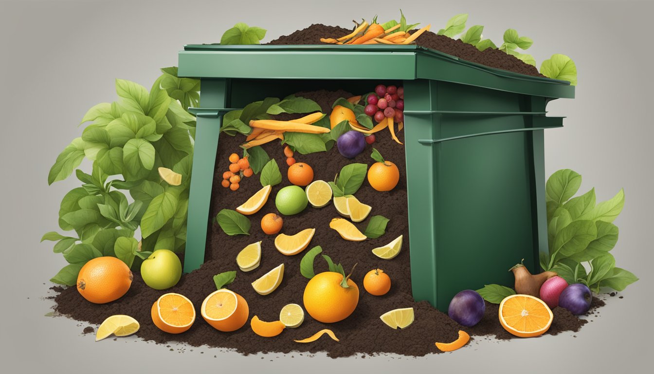 A compost bin with various fruit and vegetable scraps, including citrus peels, surrounded by earthworms and healthy soil