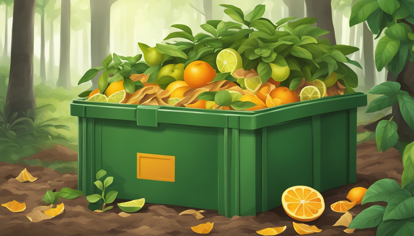 A compost bin filled with citrus peels and other organic waste, surrounded by green plants and thriving soil