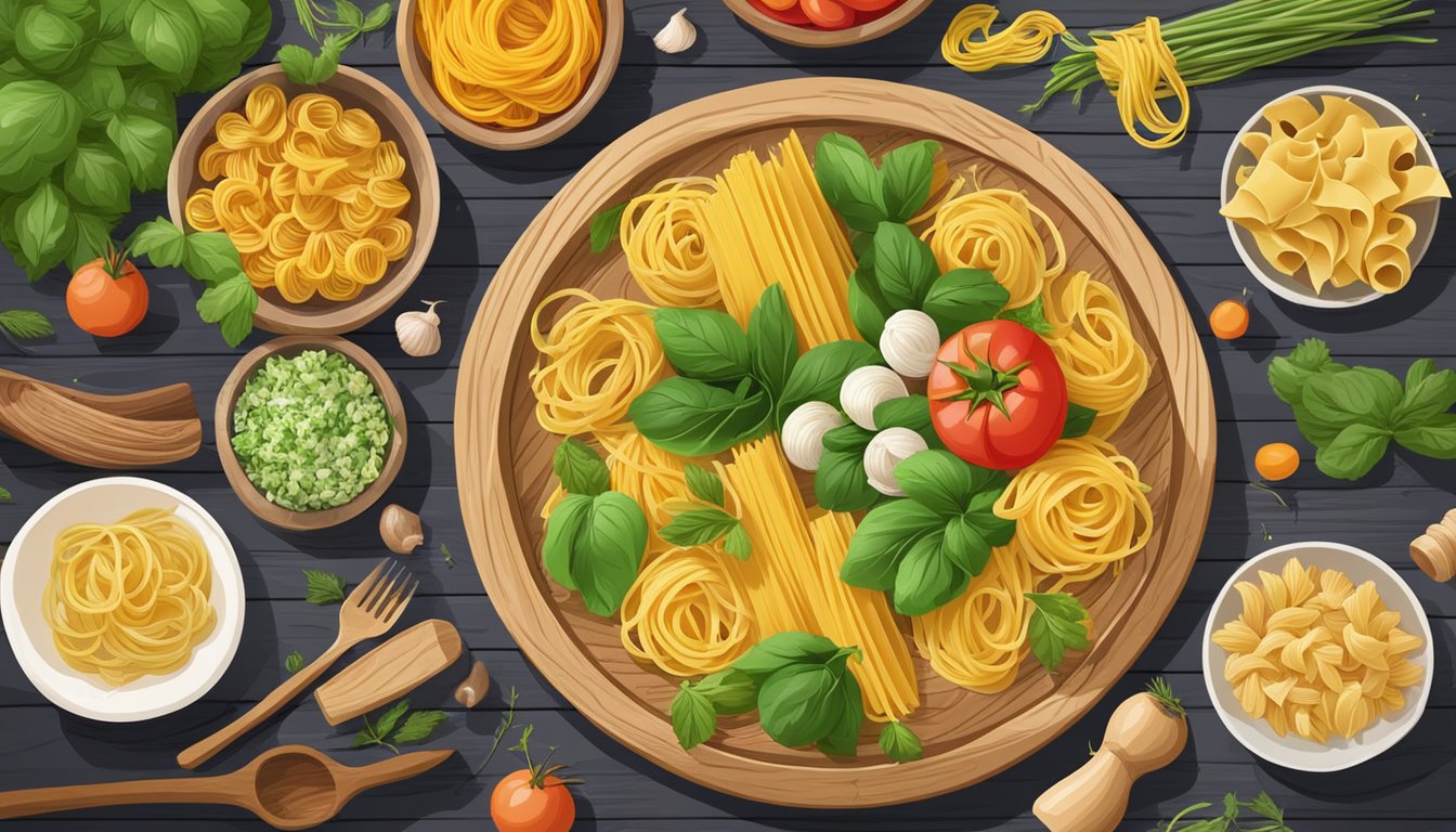 A variety of colorful and fresh pasta dishes are arranged on a rustic wooden table, surrounded by vibrant vegetables and herbs