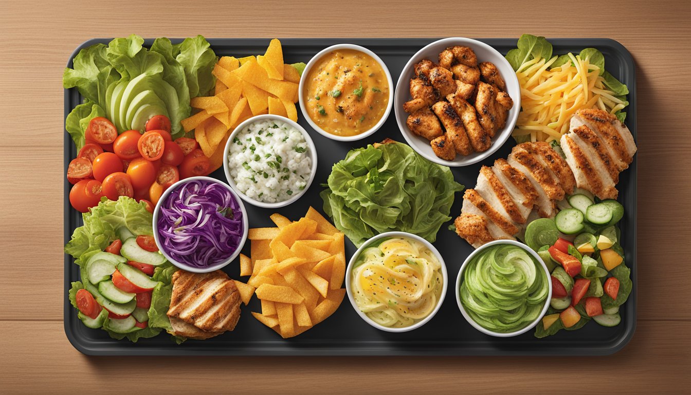 A colorful array of fresh salads, grilled chicken, and vegetable sides displayed on a vibrant menu board at Zaxby's