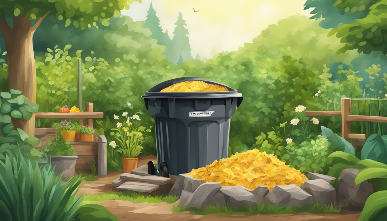 A compost bin with various organic waste, including butter wrappers, surrounded by greenery and a small garden