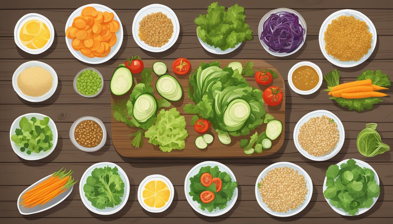 A colorful array of fresh salads, steamed vegetables, and whole grains arranged on a rustic wooden table