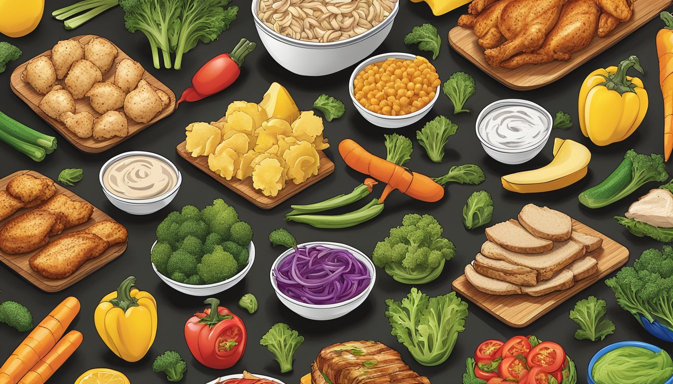 A colorful array of fresh vegetables, grilled chicken, and other protein options displayed on a vibrant Zaxby's menu board