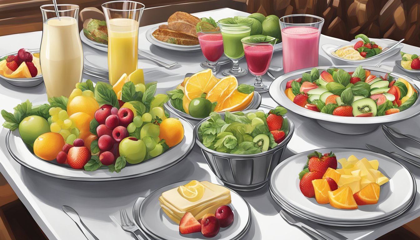 A table set with colorful fruit platters, smoothies, and salads at Maggiano's