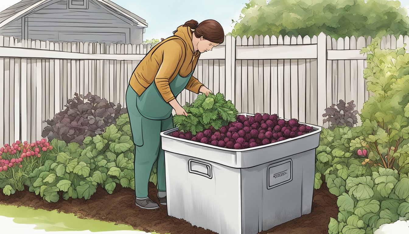 A person adding beet tops to a compost bin in a garden setting