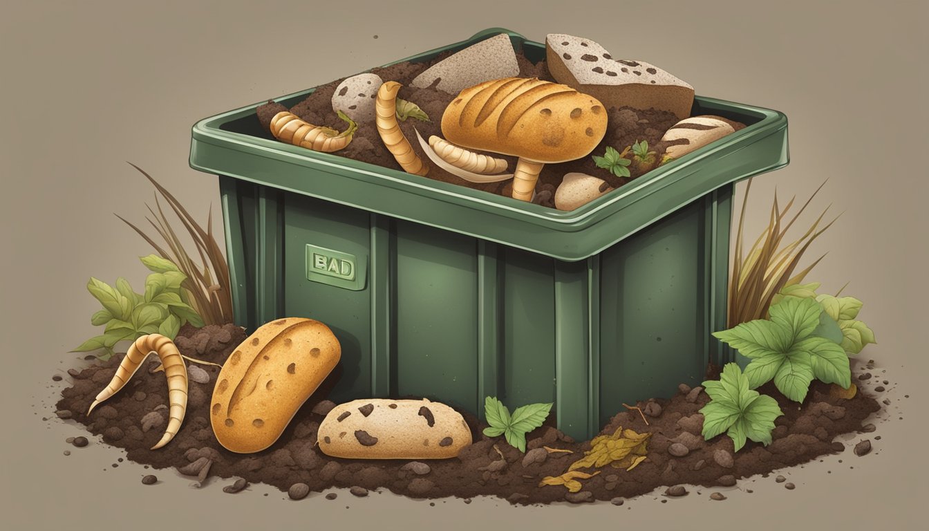 Bread molds decomposing in a compost bin, surrounded by organic waste and earthworms