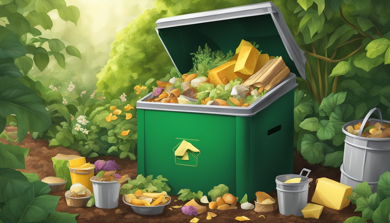 A compost bin with various food scraps and a pile of butter wrappers, surrounded by a lush garden