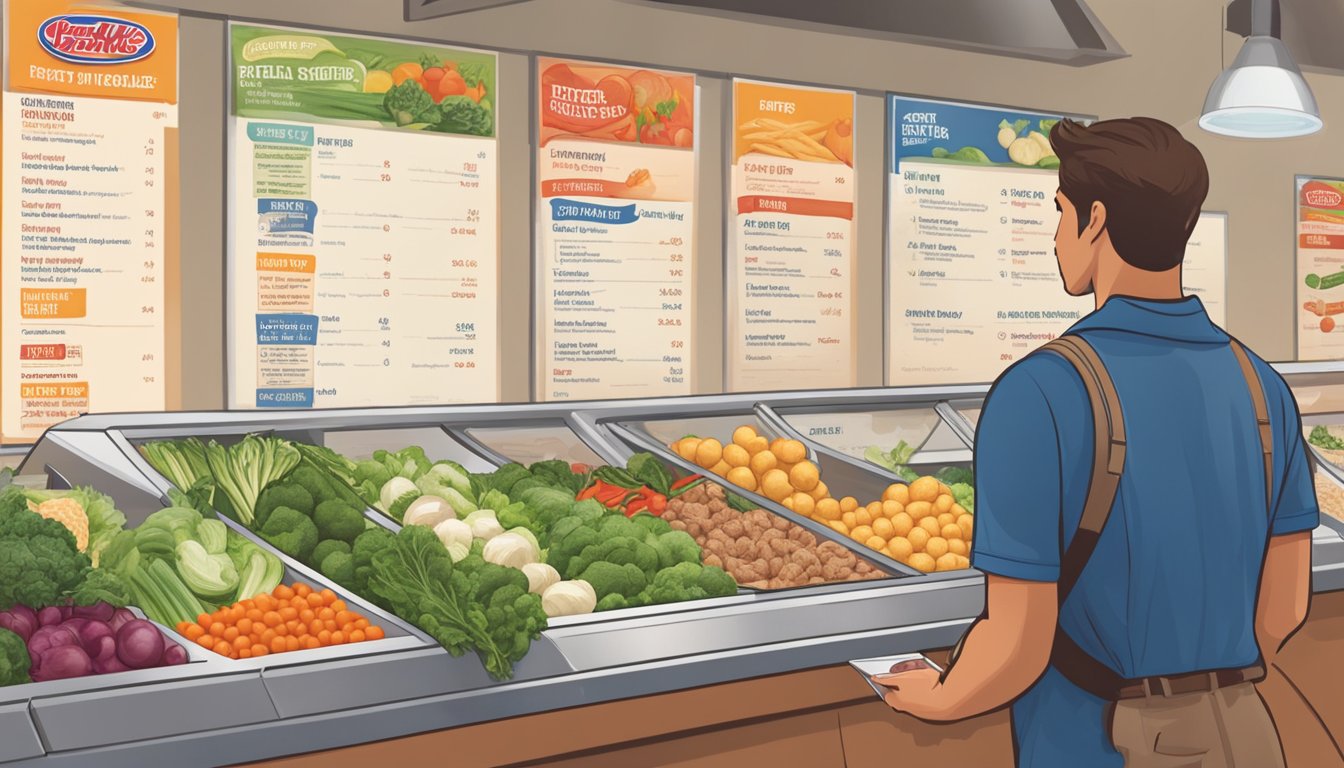 A person selecting fresh vegetables and lean protein at a Jersey Mike's counter with a variety of healthy options displayed on the menu board