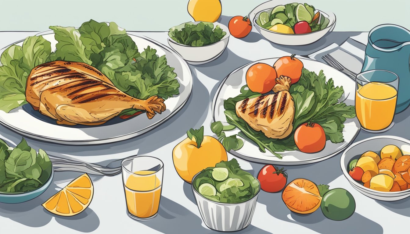 A plate with grilled chicken, mixed greens, and fresh vegetables, alongside a side of fruit, all arranged neatly on a simple, modern table setting