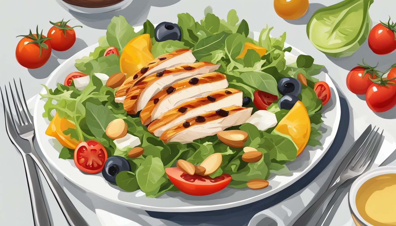 A colorful salad with fresh greens, grilled chicken, cherry tomatoes, and sliced almonds, served with a side of fruit and a light vinaigrette dressing