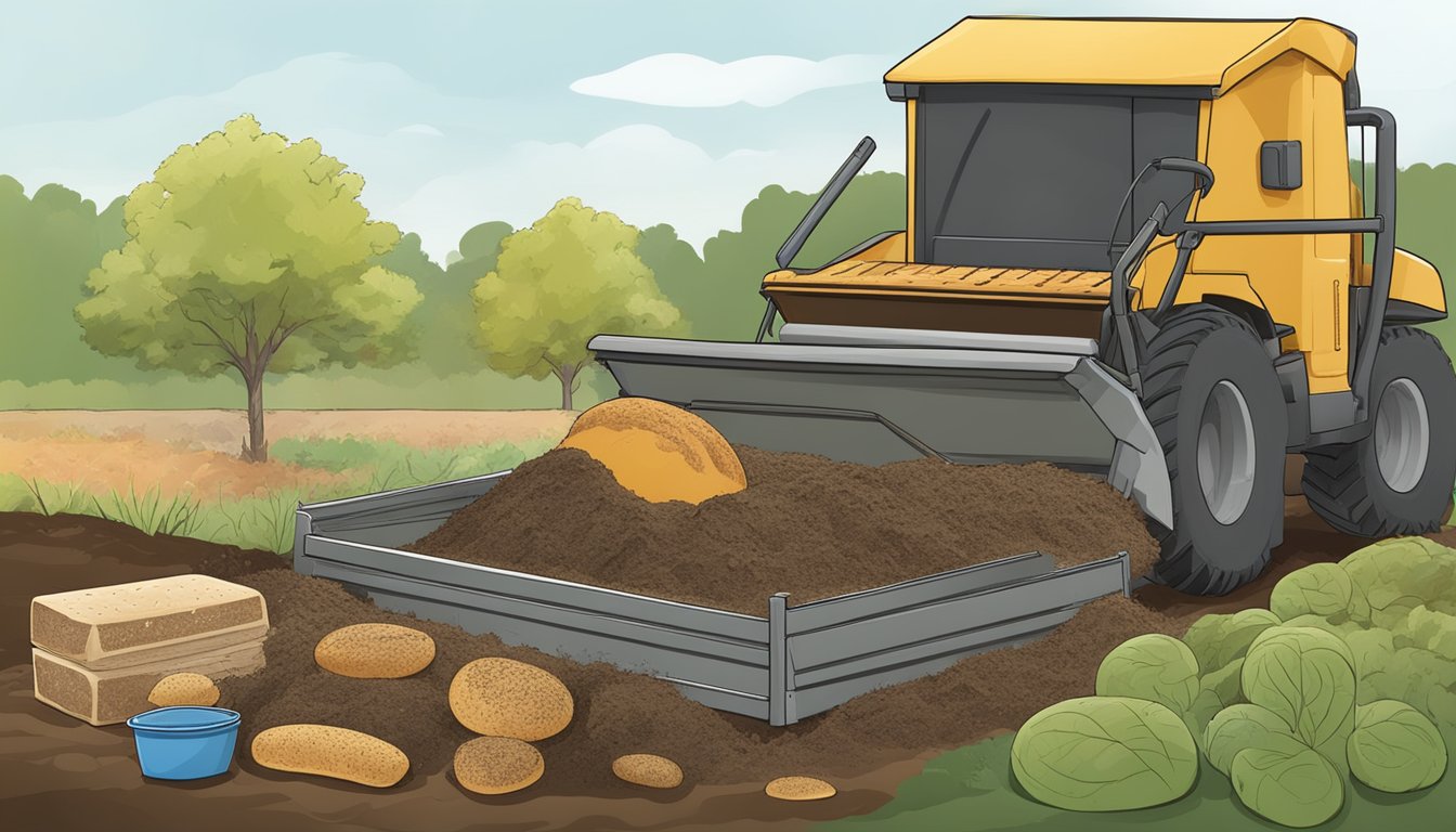 A compost pile with various organic materials, including bread molds, being turned and aerated for optimal decomposition