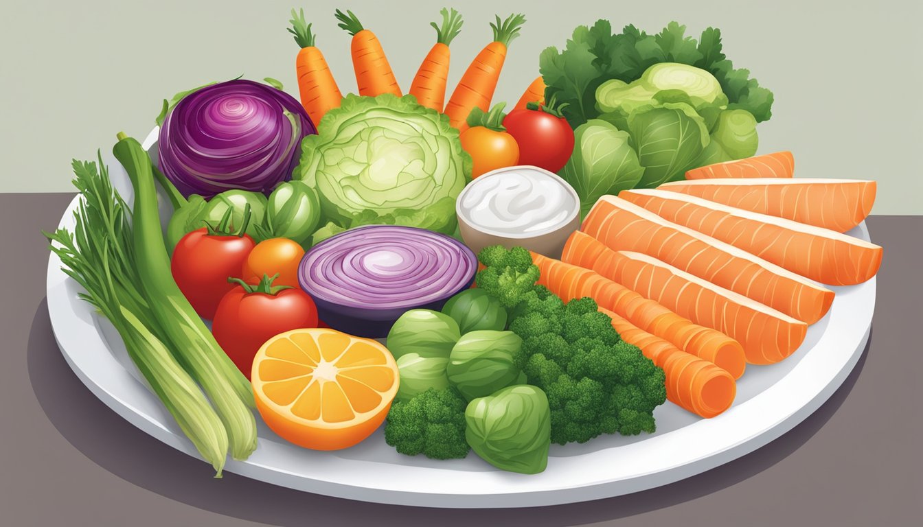 A colorful array of fresh vegetables and lean proteins displayed on a clean, modern serving platter