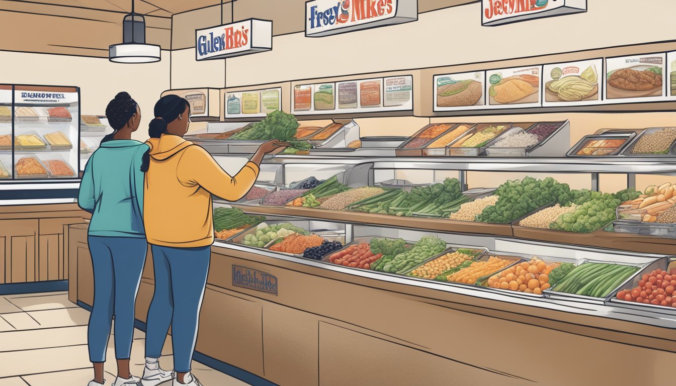 A person selecting from a variety of fresh, healthy ingredients at a Jersey Mike's counter, including gluten-free options and a range of dietary preferences