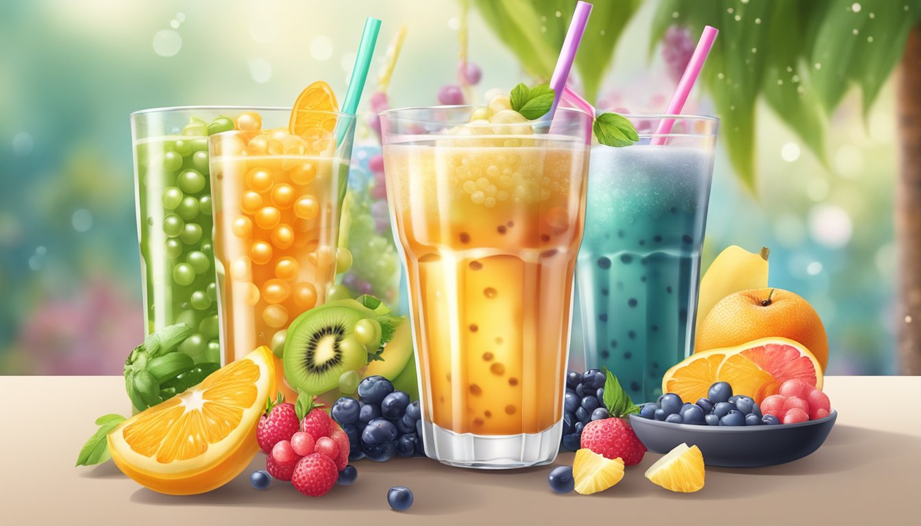 A colorful array of fresh fruits and tapioca pearls surround a tall glass of bubble tea, with a variety of healthy ingredients on display