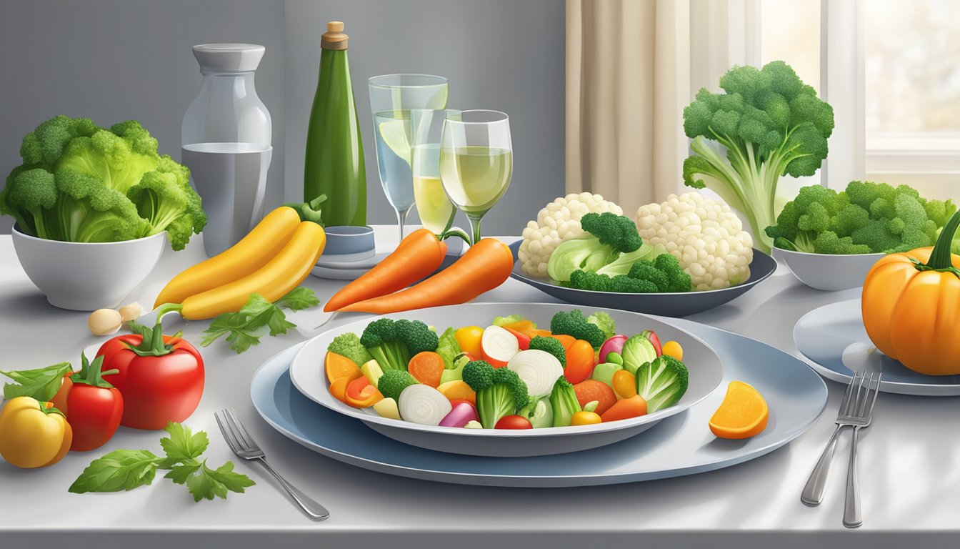 A colorful array of fresh vegetables and lean proteins displayed on a clean, modern table setting