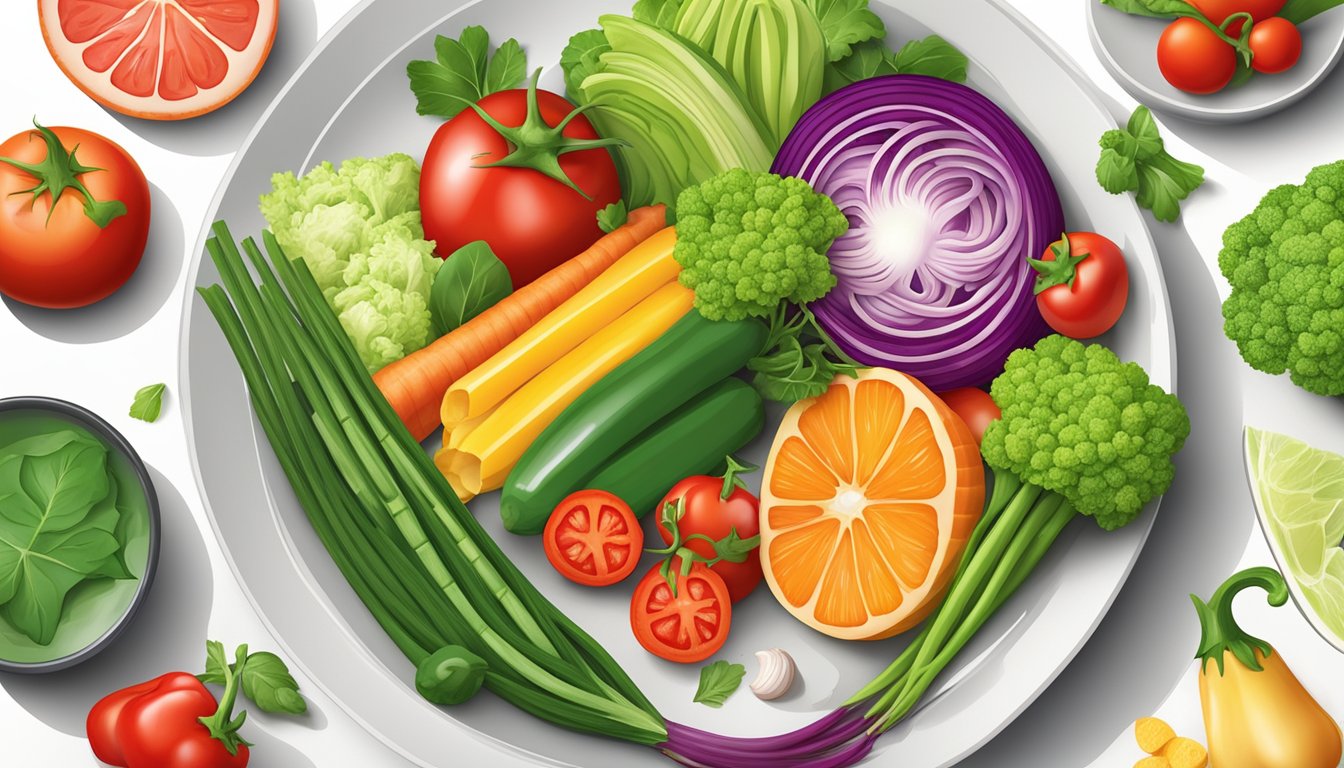 A colorful array of fresh vegetables and lean proteins arranged on a clean, modern plate