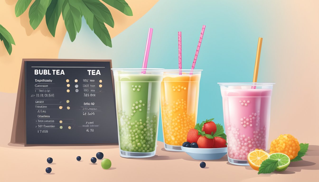 A glass of bubble tea surrounded by fresh fruit and tapioca pearls, with a nutrition label displayed nearby