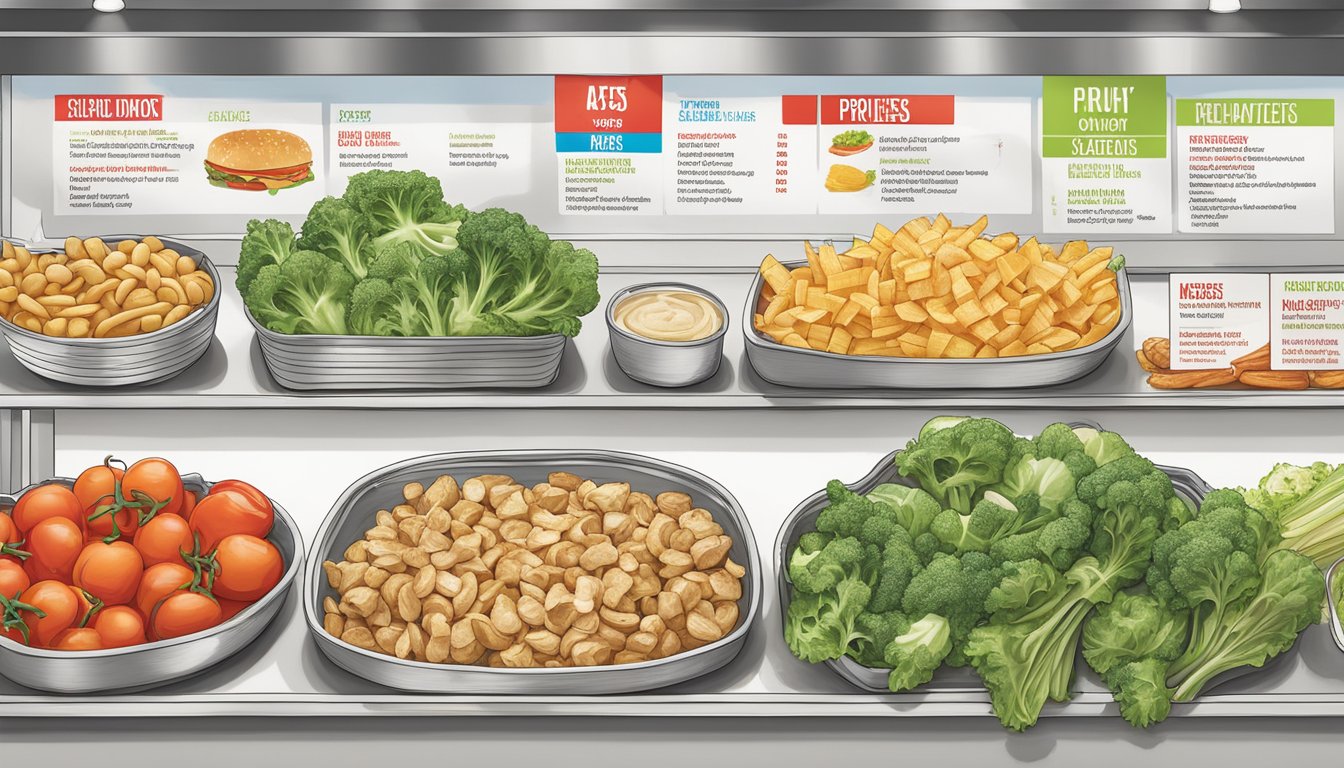 A colorful array of fresh vegetables and lean protein options displayed on a menu board at Five Guys, with clear labeling of healthy choices