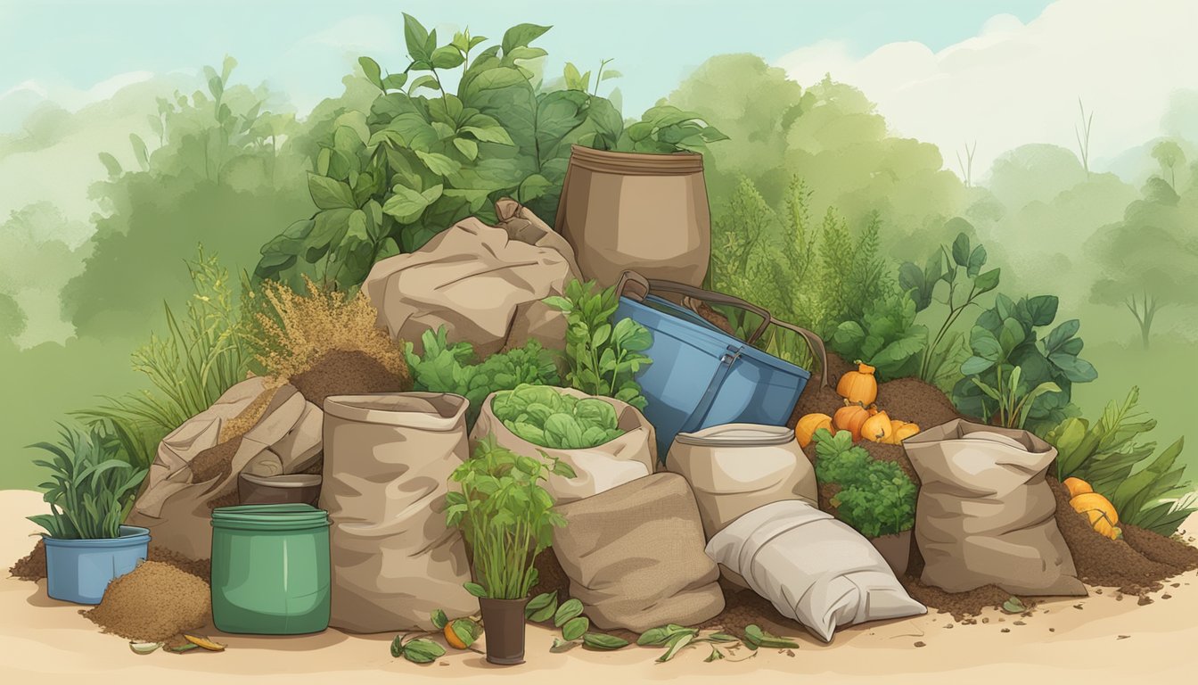 A pile of compostable materials including burlap sacks, kitchen scraps, and yard waste, surrounded by a mix of green and brown vegetation