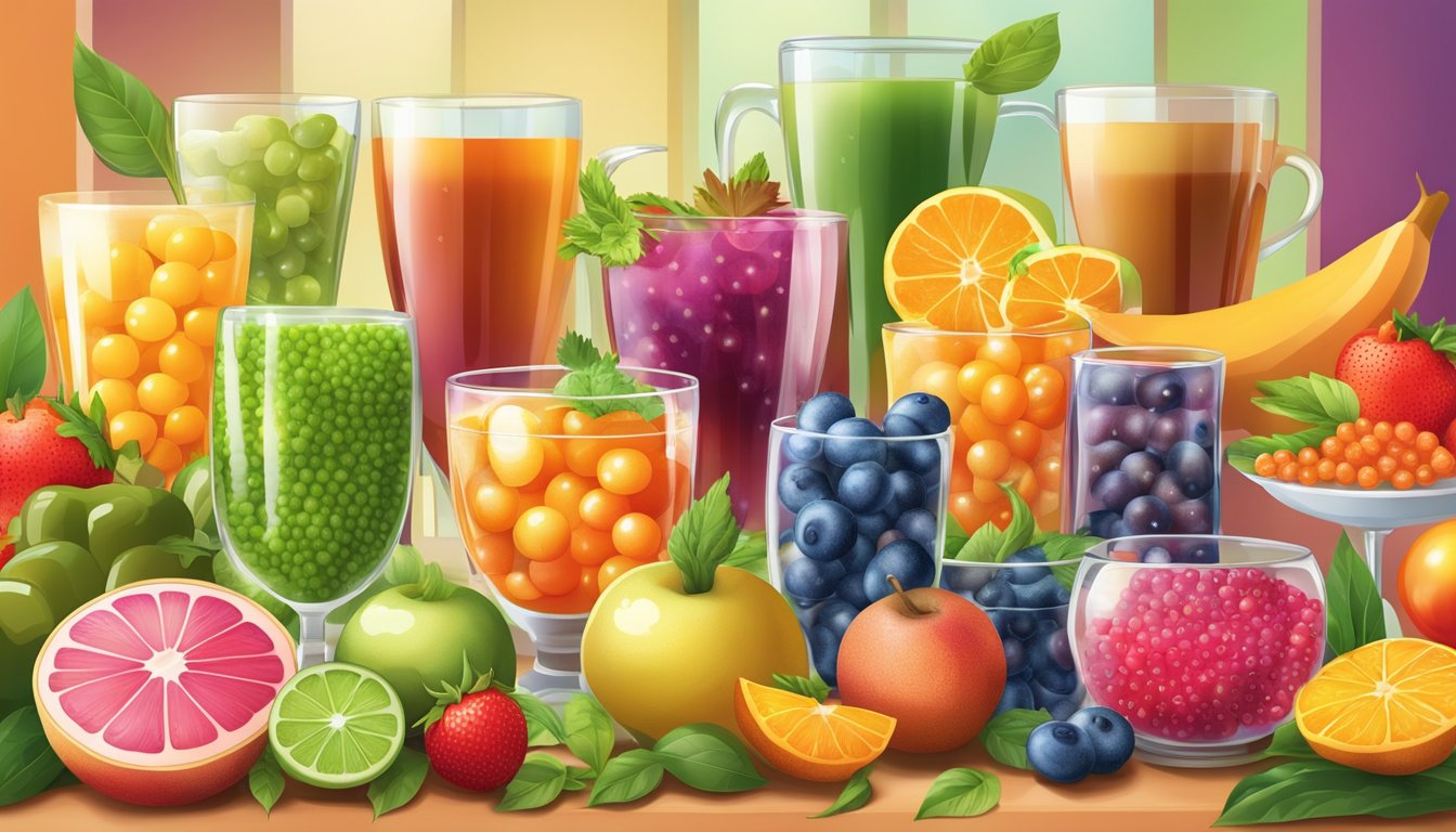 A colorful array of fresh fruits and vegetables, alongside various types of tea and tapioca pearls, all arranged in a vibrant and inviting display