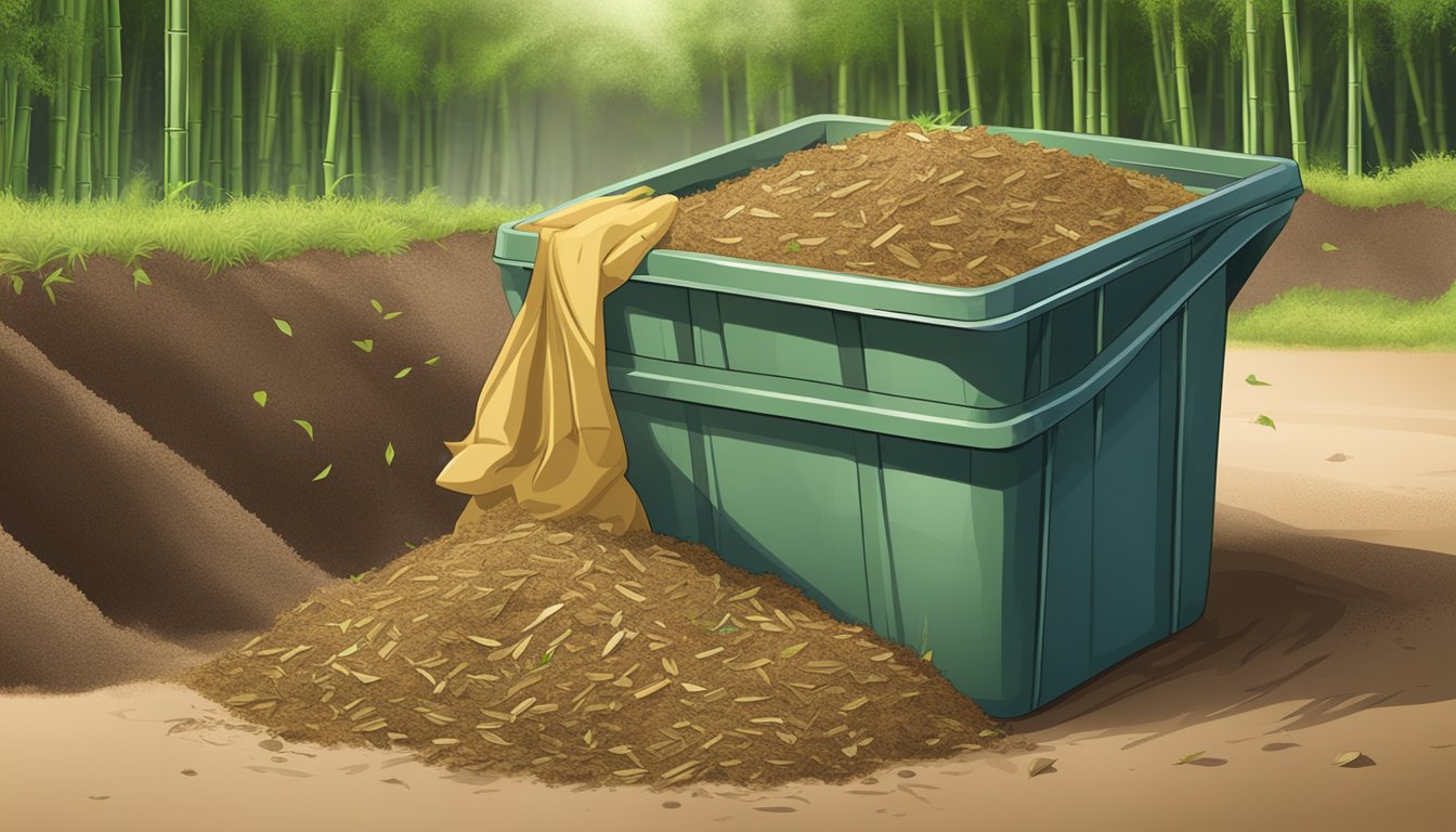 A pile of bamboo fabric is placed in a compost bin surrounded by organic waste and soil, illustrating the process of composting bamboo fabric