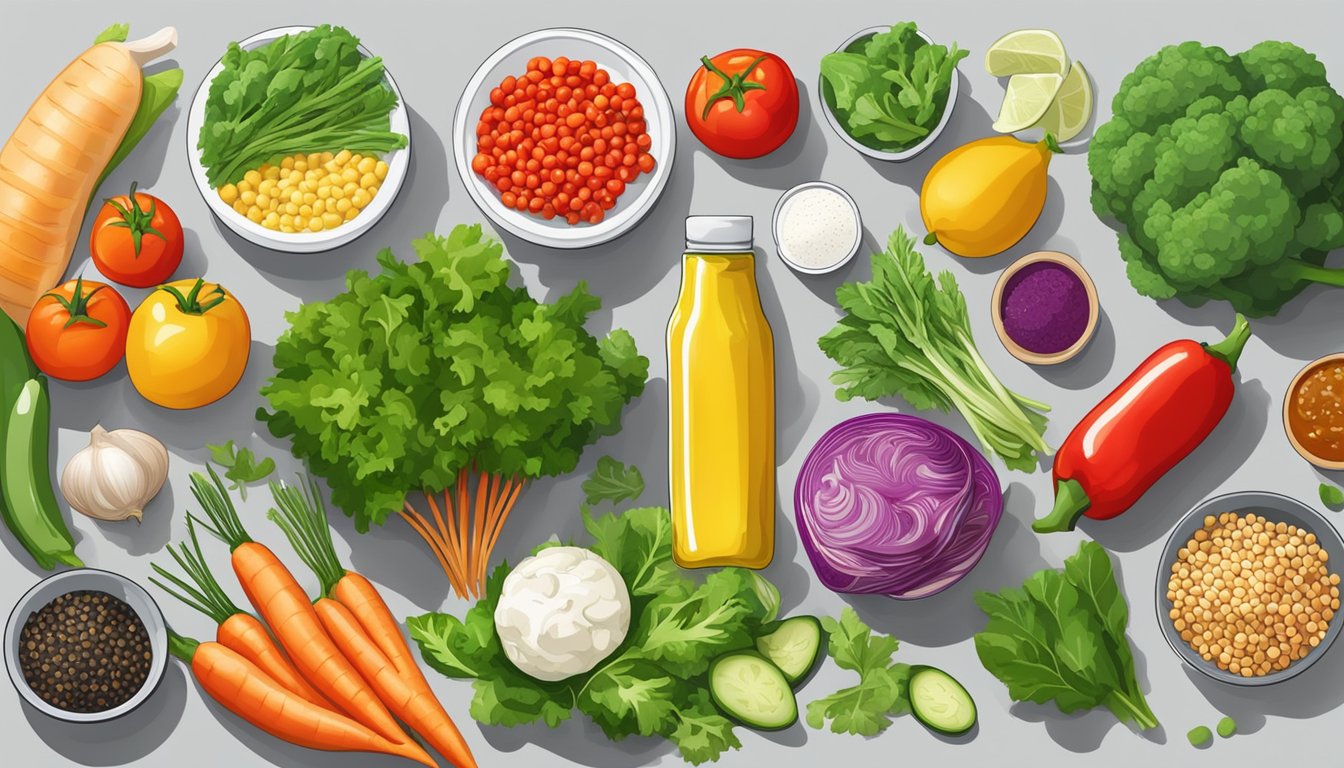 A colorful array of fresh vegetables and lean proteins arranged on a counter, with various condiments and seasonings nearby