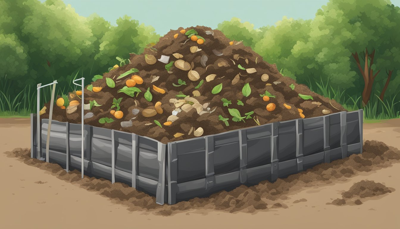 A compost pile with burlap sacks layered among organic waste, surrounded by proper aeration and moisture